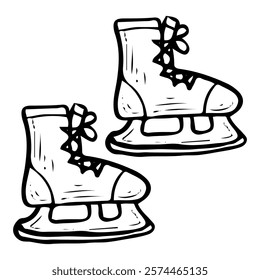 Hockey skates hand drawn doodle illustration. Sports equipment. Boots, shoes. Protective footwear with metal blade for high-speed skating on ice. Game, match. Vector line art.