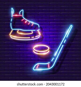 Hockey skates, stick and puck neon icon. Winter active outdoor leisure ice skates. Skate rental sign. Winter sports concept. Hockey symbol.