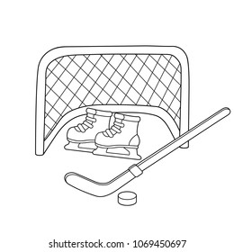 Hockey. Skates. Hockey stick. Winter sports. Coloring book for kids