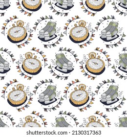 Hockey skates and Stopwatches. Seamless pattern on a white background. Cute vector illustration.