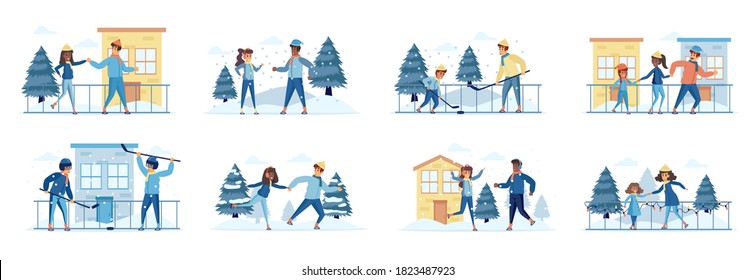 Hockey and skating sports activities bundle of scenes with people characters. Happy people play hockey and skating on ice rink situations. Wintertime holidays vacation cartoon vector illustration.