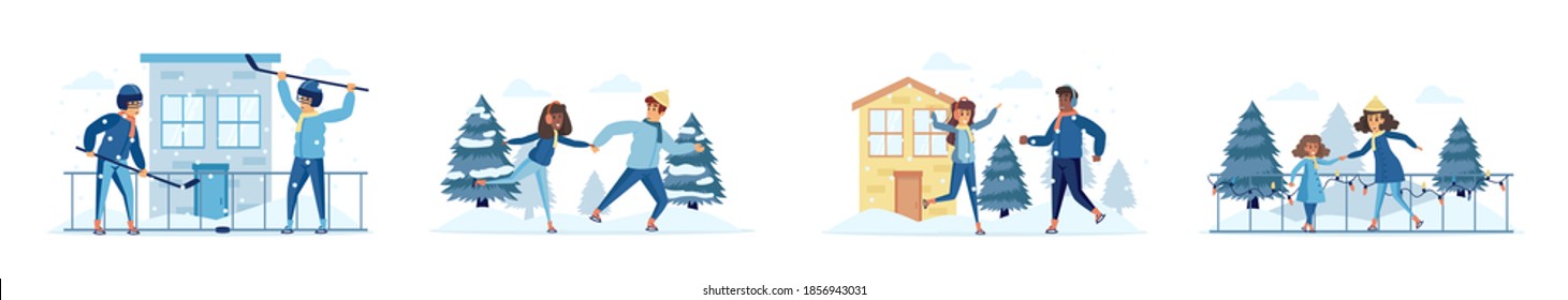 Hockey and skating sports activities bundle of scenes with people characters. Happy people play hockey and skating on ice rink situations. Wintertime holidays vacation cartoon vector illustration.