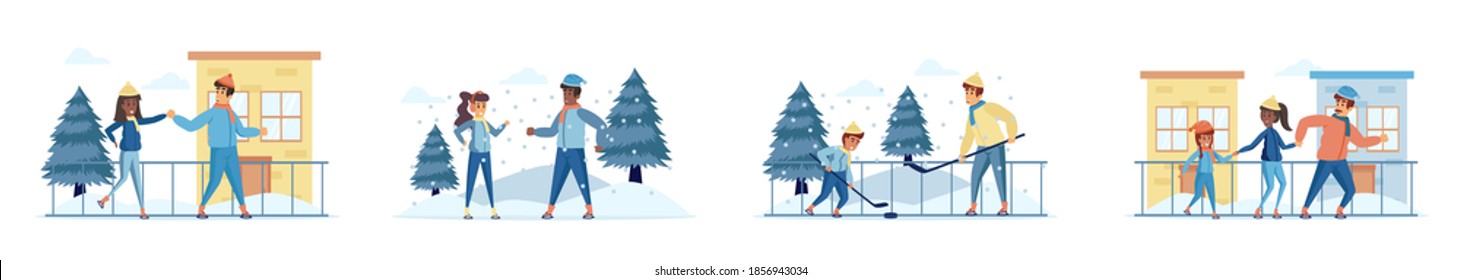Hockey and skating sports activities bundle of scenes with people characters. Happy people play hockey and skating on ice rink situations. Wintertime holidays vacation cartoon vector illustration.