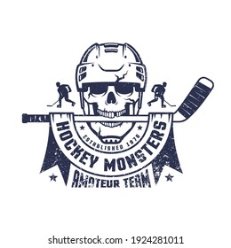 Hockey skull mascot with stick and ribbon. Hockey team logo. Vector illustration.