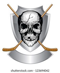 Hockey Skull With Sticks is an illustration of a human skull with broken teeth and cracked cranium with two crossed ice hockey sticks on a shield with banner.