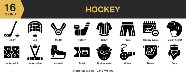 Conjunto de iconos sólidos de hockey. Incluye Anuncio, gol, evento, casco, máscara, lanzamiento, palo y más. Colección de Vector de iconos sólidos.