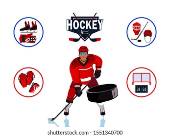 Hockey sport flat banner vector template. Professional sportsman in uniform cartoon character. Competitive game, championship poster layout. Man with hockey stick on rink illustration with typography