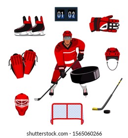 Hockey sport flat banner vector template. Professional sportsman in uniform cartoon character. Competitive game, championship poster layout. Man with hockey stick on rink illustration with typography