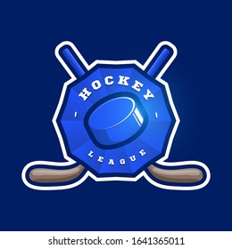 Hockey sport logo. Modern professional sporty hockey championship or tournament Typography in retro style with stick and puck. Vector design emblem, badge and sporty template logotype design.