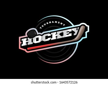 Hockey sport logo. Modern professional sporty hockey championship or tournament Typography in retro style with stick and puck. Vector design emblem, badge and sporty template logotype design.