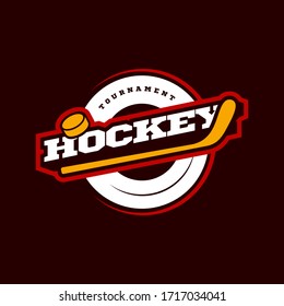 Hockey sport logo. Modern professional sporty hockey championship or tournament Typography in retro style with stick and puck. Vector design emblem, badge and sporty template logotype design.