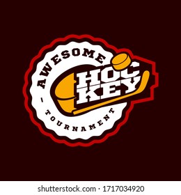 Hockey sport logo. Modern professional sporty hockey championship or tournament Typography in retro style with stick and puck. Vector design emblem, badge and sporty template logotype design.