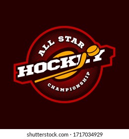 Hockey sport logo. Modern professional sporty hockey championship or tournament Typography in retro style with stick and puck. Vector design emblem, badge and sporty template logotype design.