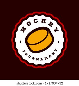 Hockey sport logo. Modern professional sporty hockey championship or tournament Typography in retro style with stick and puck. Vector design emblem, badge and sporty template logotype design.