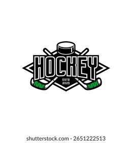 Hockey sport logo, puck and stick crossed 