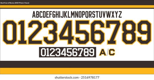 Hockey Sport fuente de Equipo. Letras y números uniformes para la Ilustración vectorial de ropa deportiva. Alfabeto completo.