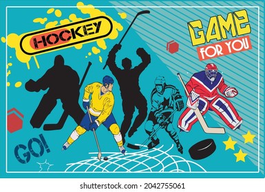 Hockey sports. Design for the print. Types of sports. Vector drawing. Hockey. Sports on a colored background. The game is for you. Fashionable pattern. Motivation.