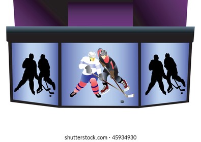 Hockey Stadium  Screen With Detailed  Sportsmen. Vector Illustration.