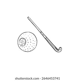 Hockey stick and ball hand drawn in black and white. 