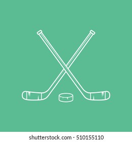 Hockey Stick Cross And Puck Line Icon On Green Background