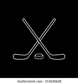Hockey Stick Cross And Puck Line Icon On Black Background