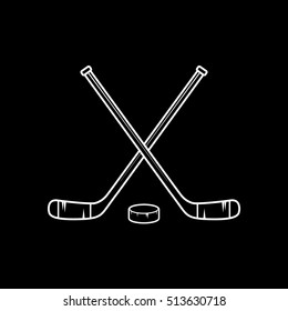 Hockey Stick Cross And Puck Line Icon On Black Background