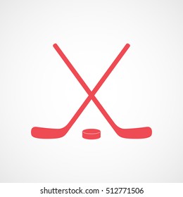 Hockey Stick Cross And Puck Red Flat Icon On White Background