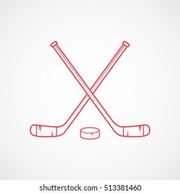 Hockey Stick Cross And Puck Red Line Icon On White Background