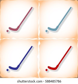 Hockey stick. Flat sticker with shadow on old paper. Vector illustration