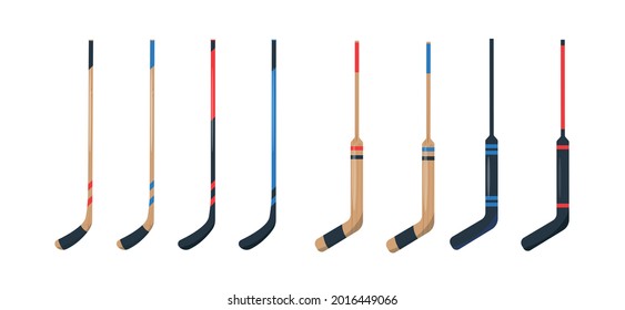 Hockey Stick icons set. Sport equipment for playing hockey on ice. Flat vector illustration isolated on white background.