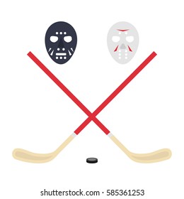 Hockey, hockey stick, hockey mask, puck, sports game, sports, ice, sports rink. Flat design, vector illustration, vector.