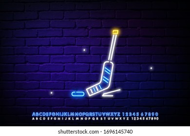 Hockey stick with a neon puck icon. Hockey equipment. Glowing sign. Vector isolated illustration