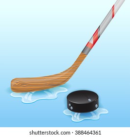 Hockey stick and hockey puck. 