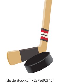 hockey stick and puck close-up isolated on a white background