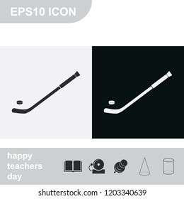 Hockey stick and puck flat black and white vector icon.