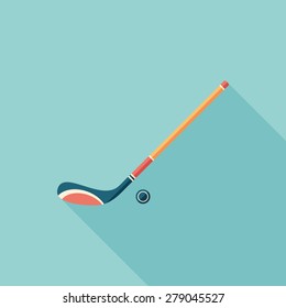 Hockey stick and puck flat square icon with long shadows.