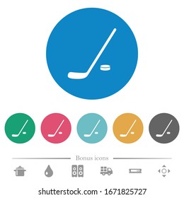 Hockey stick and puck flat white icons on round color backgrounds. 6 bonus icons included.