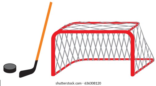 hockey stick, puck and goal (net) vector illustration