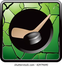 hockey stick and puck green cracked web button