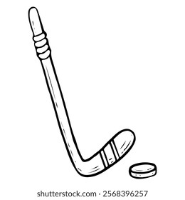 Hockey stick with puck hand drawn doodle. Sports equipment. Throwing, passing tool. Stick with flat hook. Winter game. Match. Vector line art illustration.