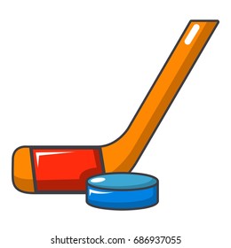 Hockey stick and puck icon. Cartoon illustration of hockey stick and puck vector icon for web design