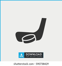 hockey stick and puck icon. Simple filled hockey stick and puck vector icon. On white background.