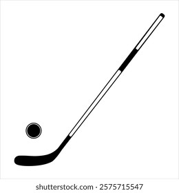 Hockey stick and puck icon. Single silhouette black vector illustration. Symbol stock illustration for web, sports apps.