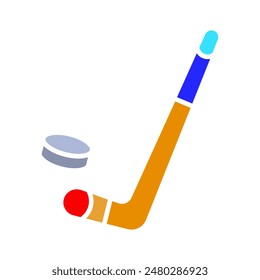 Hockey stick with puck icon. Sports equipment, ice hockey, game, playing, recreation, team sport, competition, graphic.