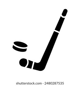 Hockey stick with puck icon. Sports equipment, ice hockey, game, playing, recreation, team sport, competition, graphic.