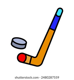 Hockey stick with puck icon. Sports equipment, ice hockey, game, playing, recreation, team sport, competition, graphic.