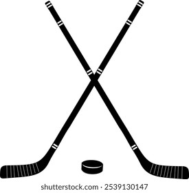 Hockey Stick and Puck Icon, Vector flat black hockey crossed sticks and puck, Black hockey icon. Hockey sticks with puck sign for sport design, vector stock illustration 