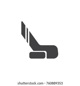 Hockey stick and puck icon vector, filled flat sign, solid pictogram isolated on white. Stick and washer symbol, logo illustration.
