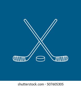 Hockey Stick And Puck Line Icon On Blue Background