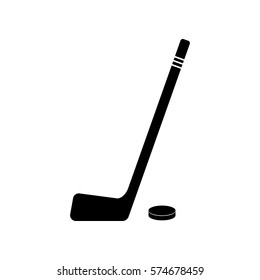 Hockey stick and puck monochrome icon. Hokey puck stick isolated, sport ice icon, game equipment, goal or competition, leisure and activity vector illustration